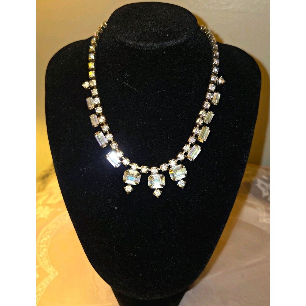 Silver Plated Clear AB Crystal Rhinestone Tennis Statement Necklace Hook